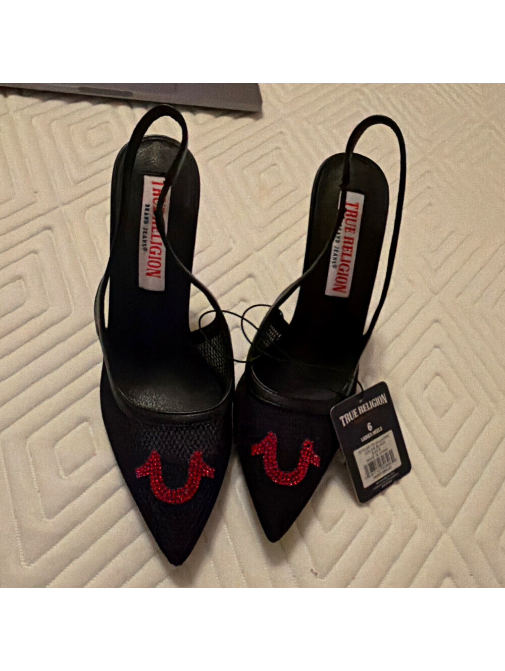 True Religion Women's Black mesh Pointed Toe Slingback Stiletto Heels Red Logo 6